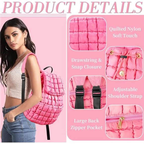 Quilted Puffer Backpack for Women, Pink - Picture 3 of 5